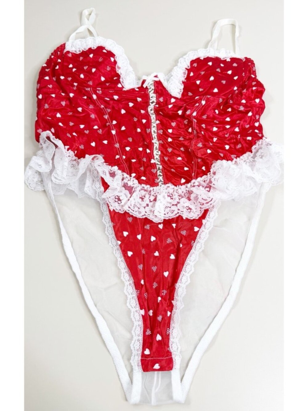 VTG Sachet Large (fits Medium) Heart Valentine Red Lace Satin Ruffle Teddy GUC